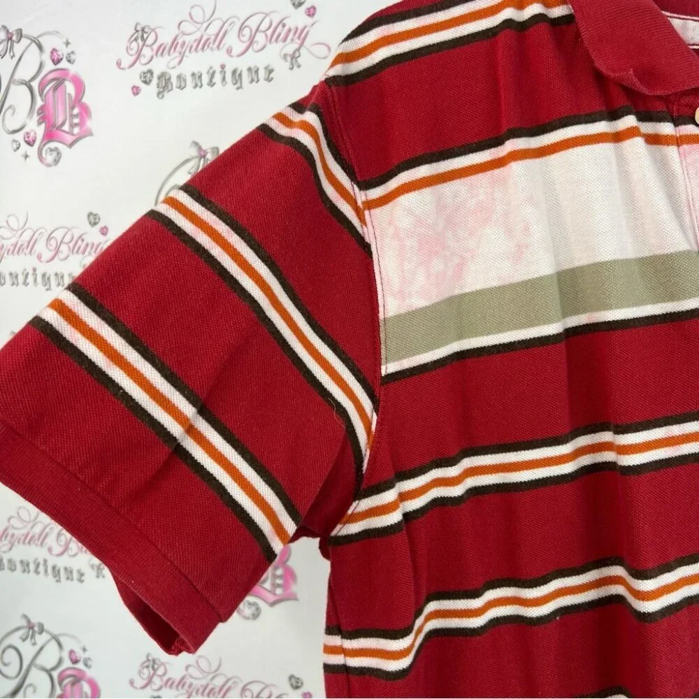 Timberland polo button up tie dye orange Red brown White Striped Polo Shirt